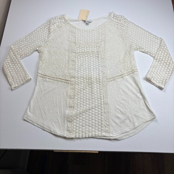 NWT Lucky Brand Lace Peasant Top Mixed Media Cream L - Picture 2 of 6